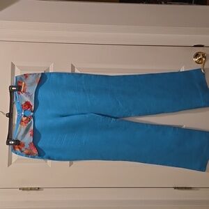 Coconuda 100% Linen Blue Floral Waistband Pants Italian 44/US 12